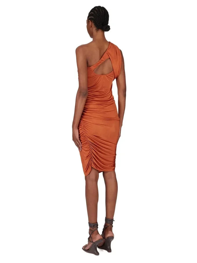 RICK OWENS FW25 CONCORDIANS  AMIRA DRESS IN ORANGE SATIN VISCOSE JERSEY. LI02E3526JVS-153