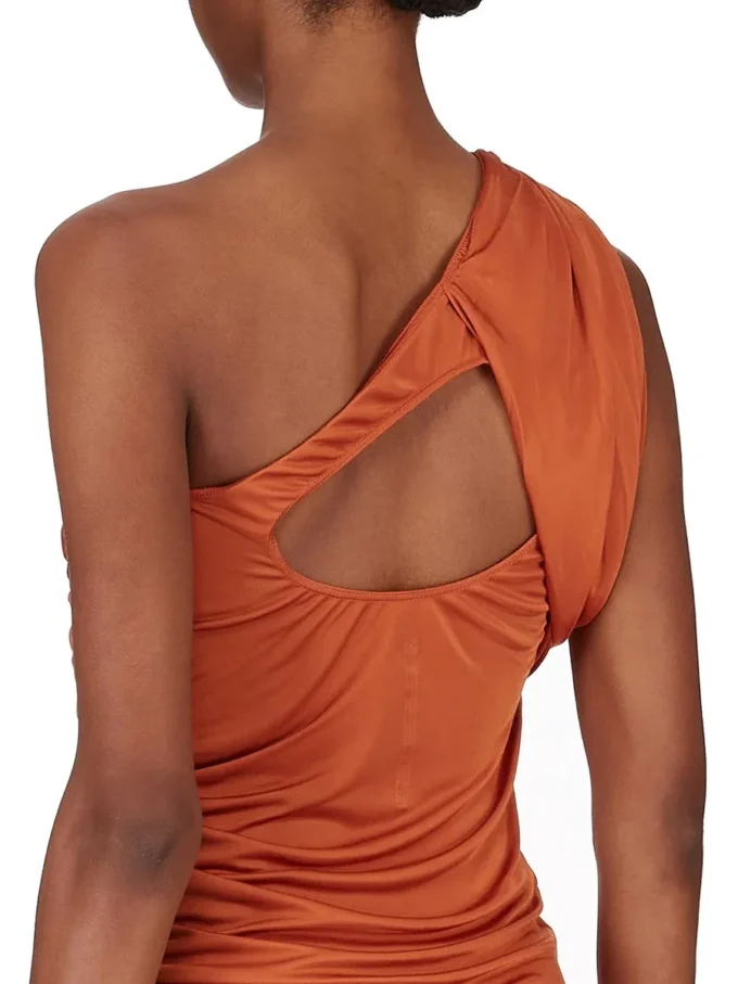 RICK OWENS FW25 CONCORDIANS  AMIRA DRESS IN ORANGE SATIN VISCOSE JERSEY. LI02E3526JVS-153