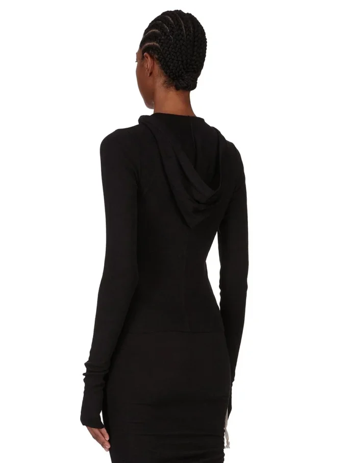 RICK OWENS FW25 CONCORDIANS CROPPED HOODED RIB LS T IN BLACK RAININO RIB JERSEY. RP02E4210RJR-09