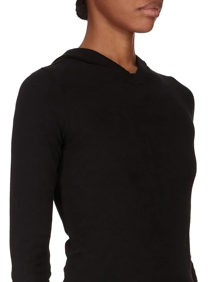 RICK OWENS FW25 CONCORDIANS CROPPED HOODED RIB LS T IN BLACK RAININO RIB JERSEY. RP02E4210RJR-09