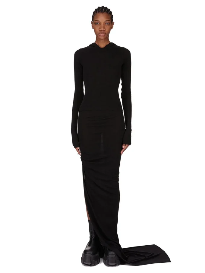 RICK OWENS FW25 CONCORDIANS CROPPED HOODED RIB LS T IN BLACK RAININO RIB JERSEY. RP02E4210RJR-09