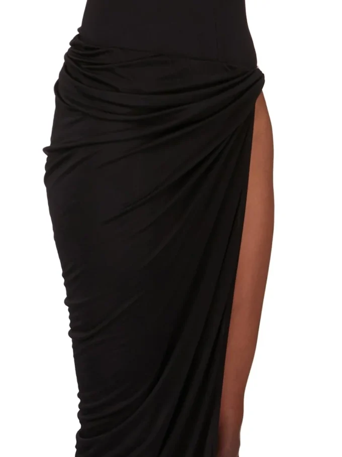 RICK OWENS FW25 CONCORDIANS  HYDRA SKIRT IN BLACK SATIN VISCOSE JERSEY. LI02E3315JVS-09