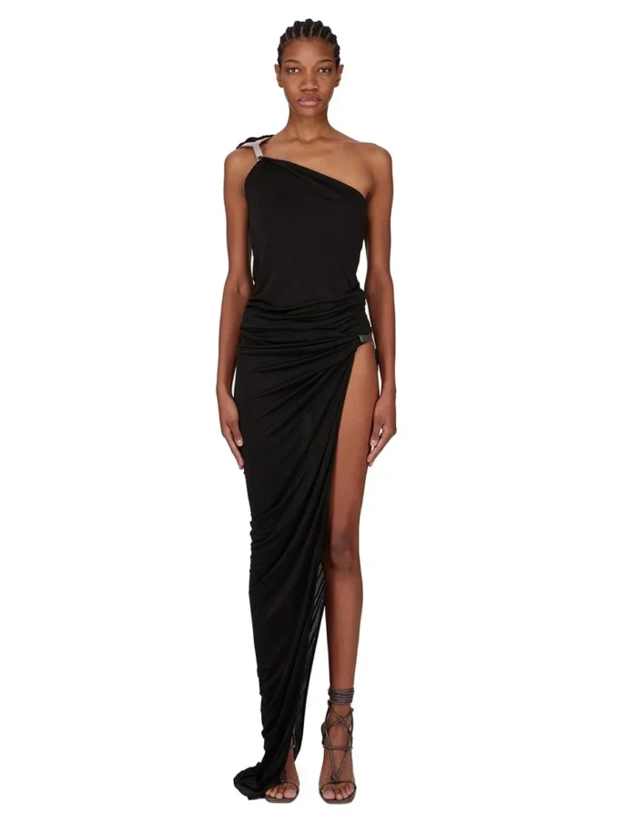 RICK OWENS FW25 CONCORDIANS  HYDRA SKIRT IN BLACK SATIN VISCOSE JERSEY. LI02E3315JVS-09