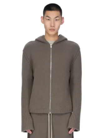 RICK OWENS FW25 CONCORDIANS PRECOLLECTION ZIPPED HOODIE IN DUST LAS PALMAS CASHMERE KNIT. RU02E1666KLWS-34