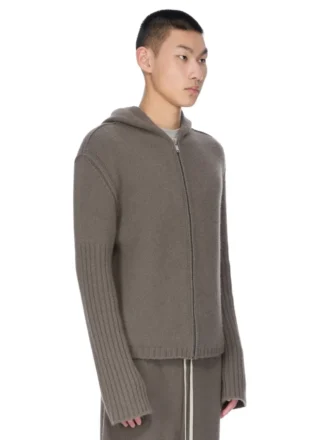 RICK OWENS FW25 CONCORDIANS PRECOLLECTION ZIPPED HOODIE IN DUST LAS PALMAS CASHMERE KNIT. RU02E1666KLWS-34