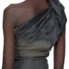 RICK OWENS FW25 CONCORDIANS TWIST DRESS IN DRKDUST DEGRADE SLUB STRETCH DENIM. RP02E4521SDKDEG-78D